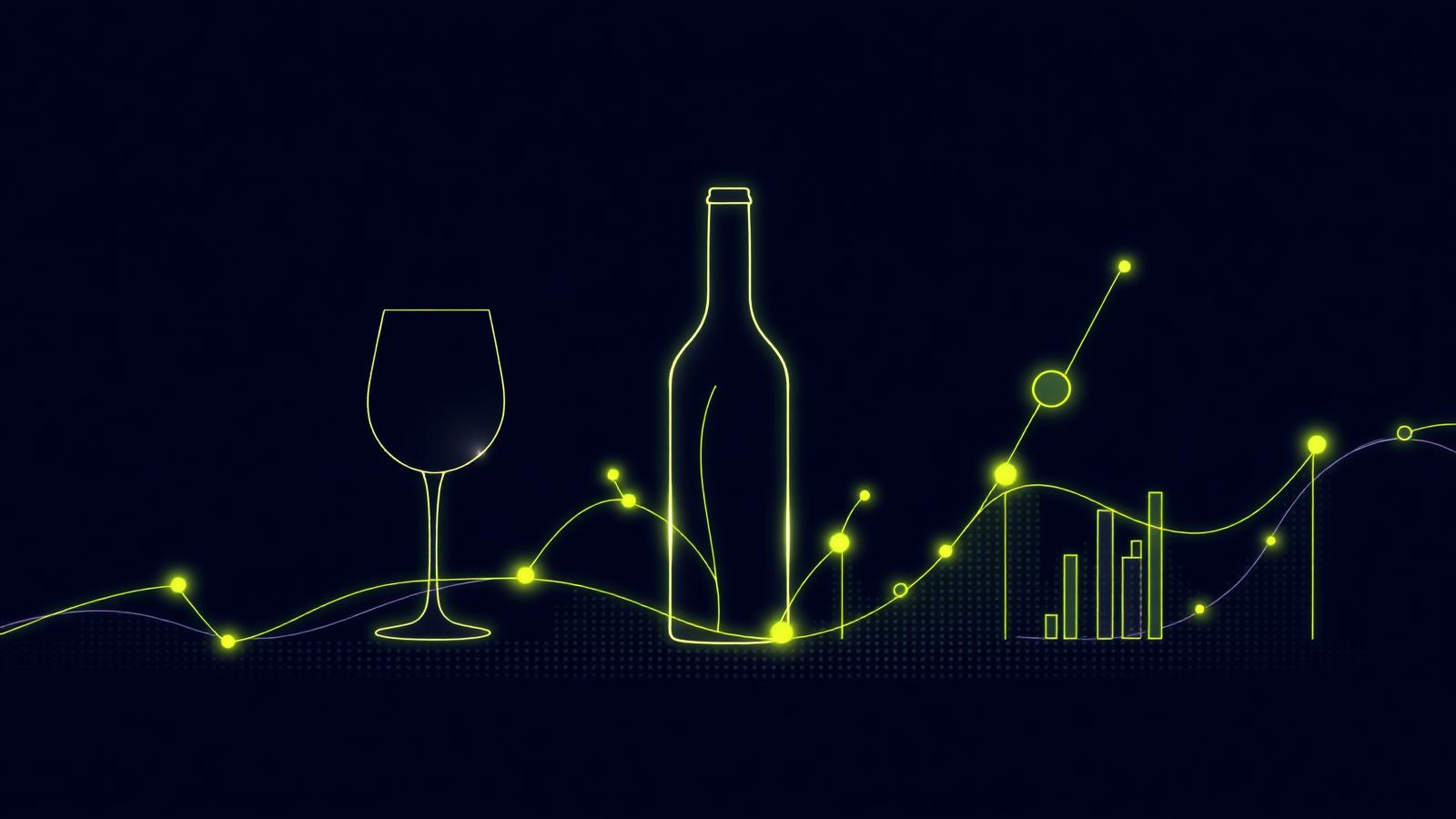 Neon wine glass and bottle outlines above a rising spend curve