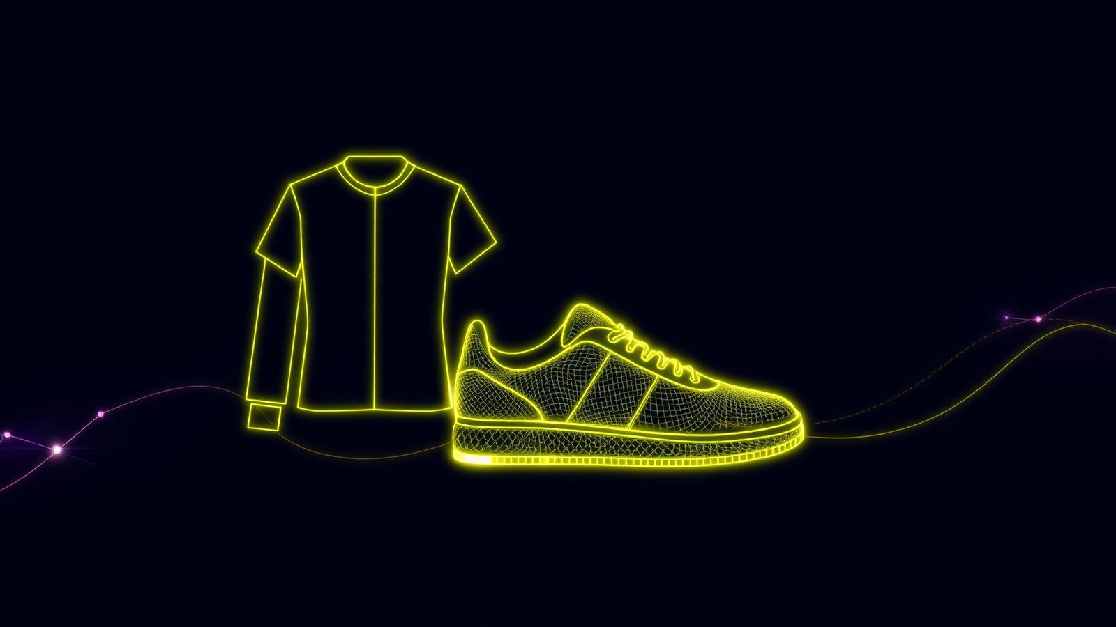 Neon outlines of apparel and a sneaker over flowing data curves