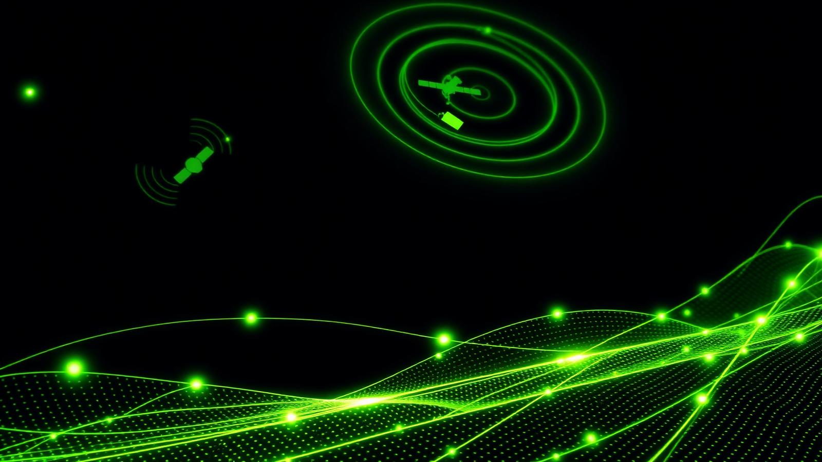 Glowing signal waves, satellites and a fibre network mesh