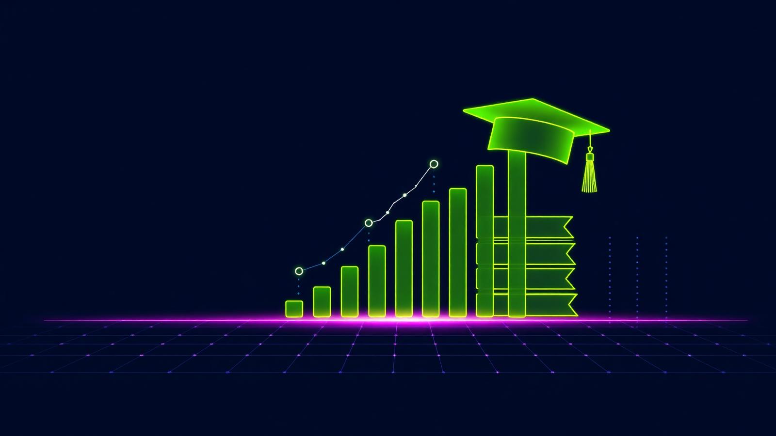 Rising bar chart with graduation cap and books in lime green