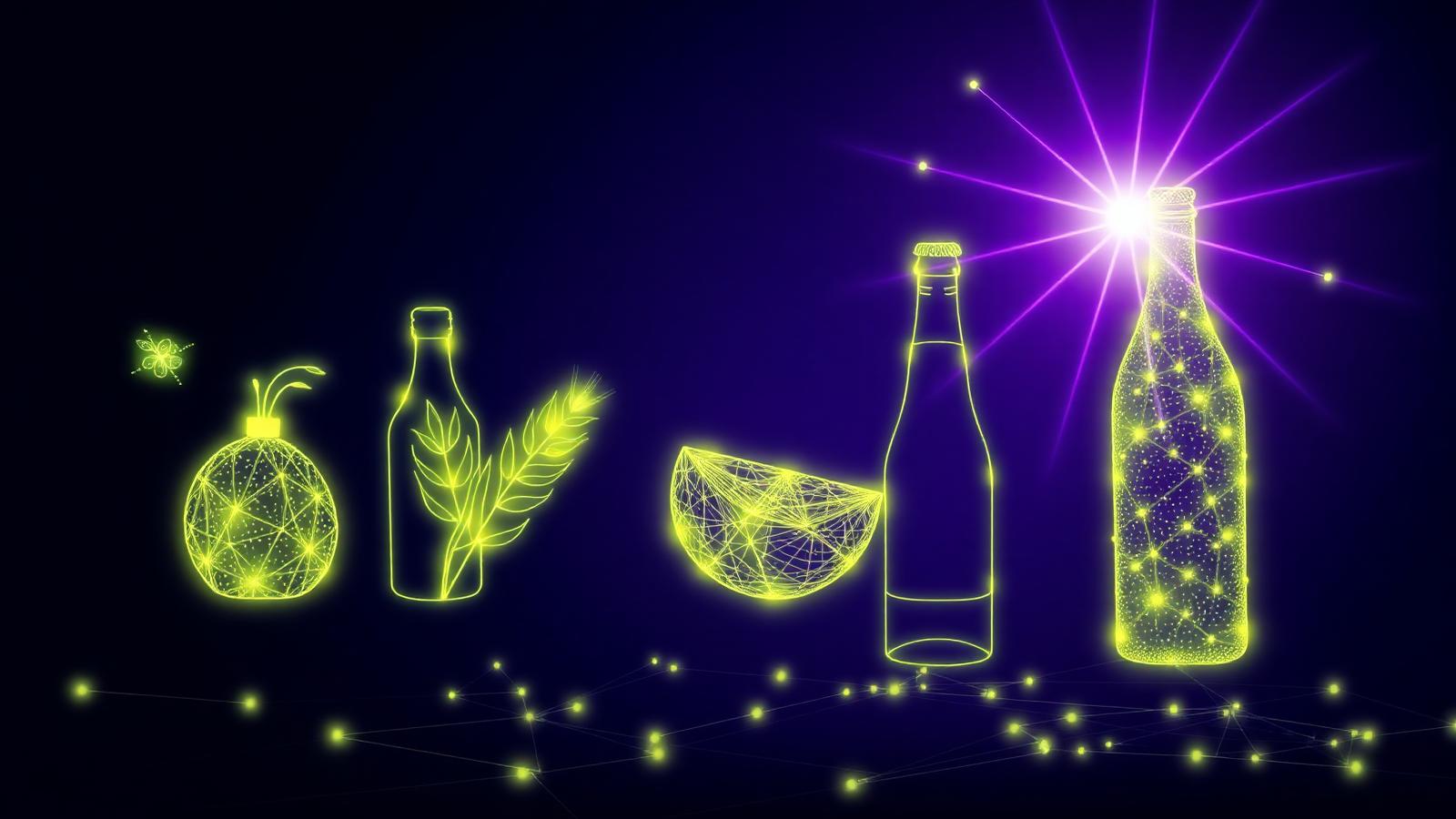 Wireframe fruit, grain and beverage bottles drawn in glowing lime data lines