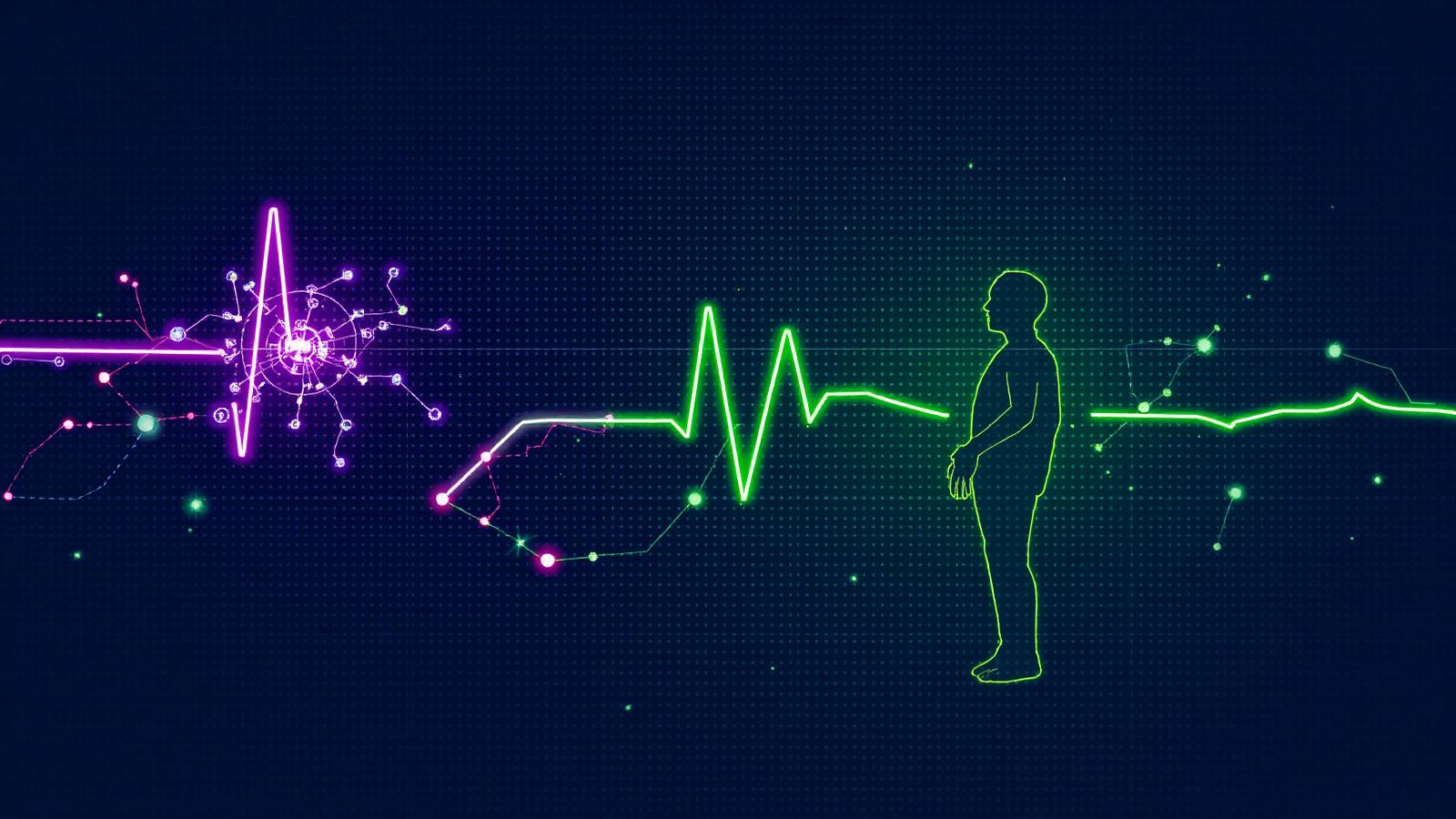Glowing pulse line and human silhouette in lime and violet