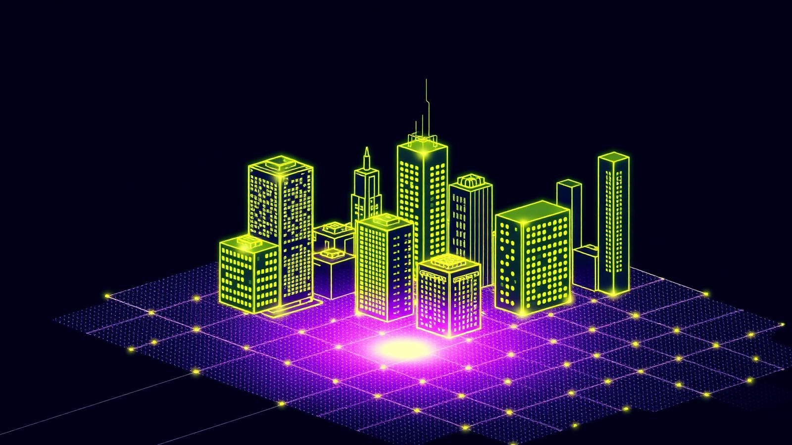 Isometric wireframe city blocks glowing on a violet data grid
