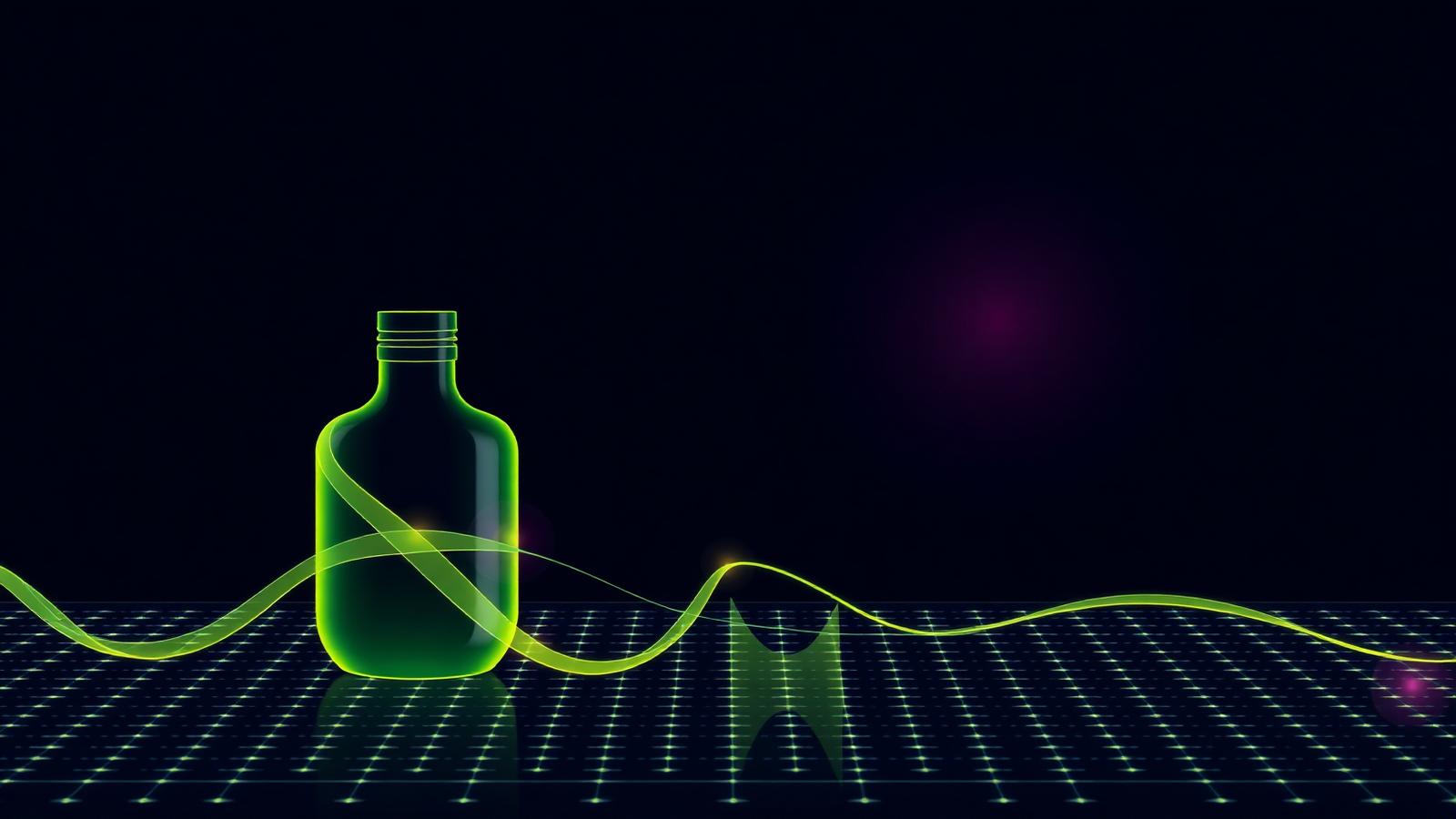 Glowing serum bottle with flowing ribbon data lines