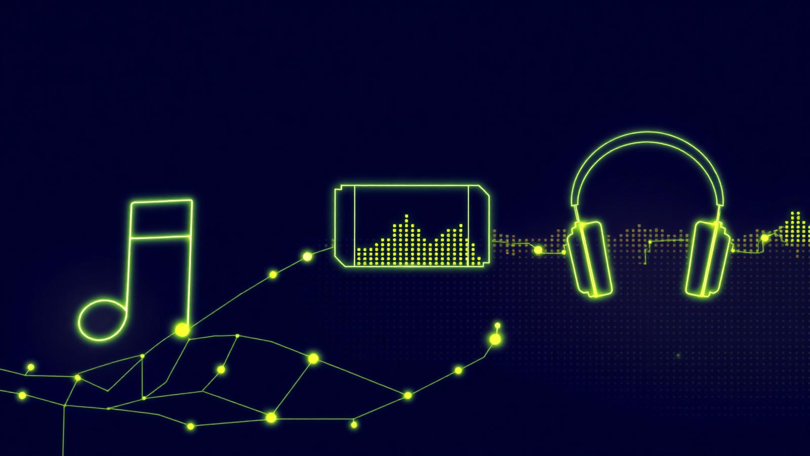 Neon music note, screen and headphones over a data-node network
