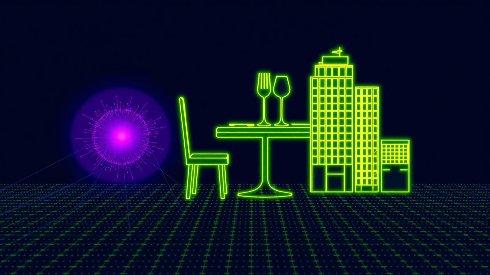Wireframe restaurant table and hotel towers on a navy grid