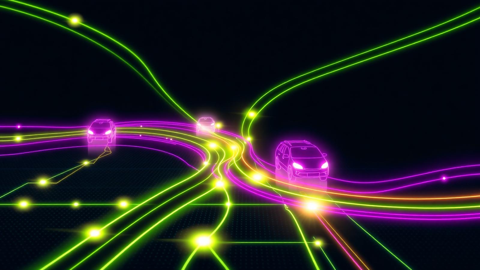 Neon transit light trails converging across a city grid