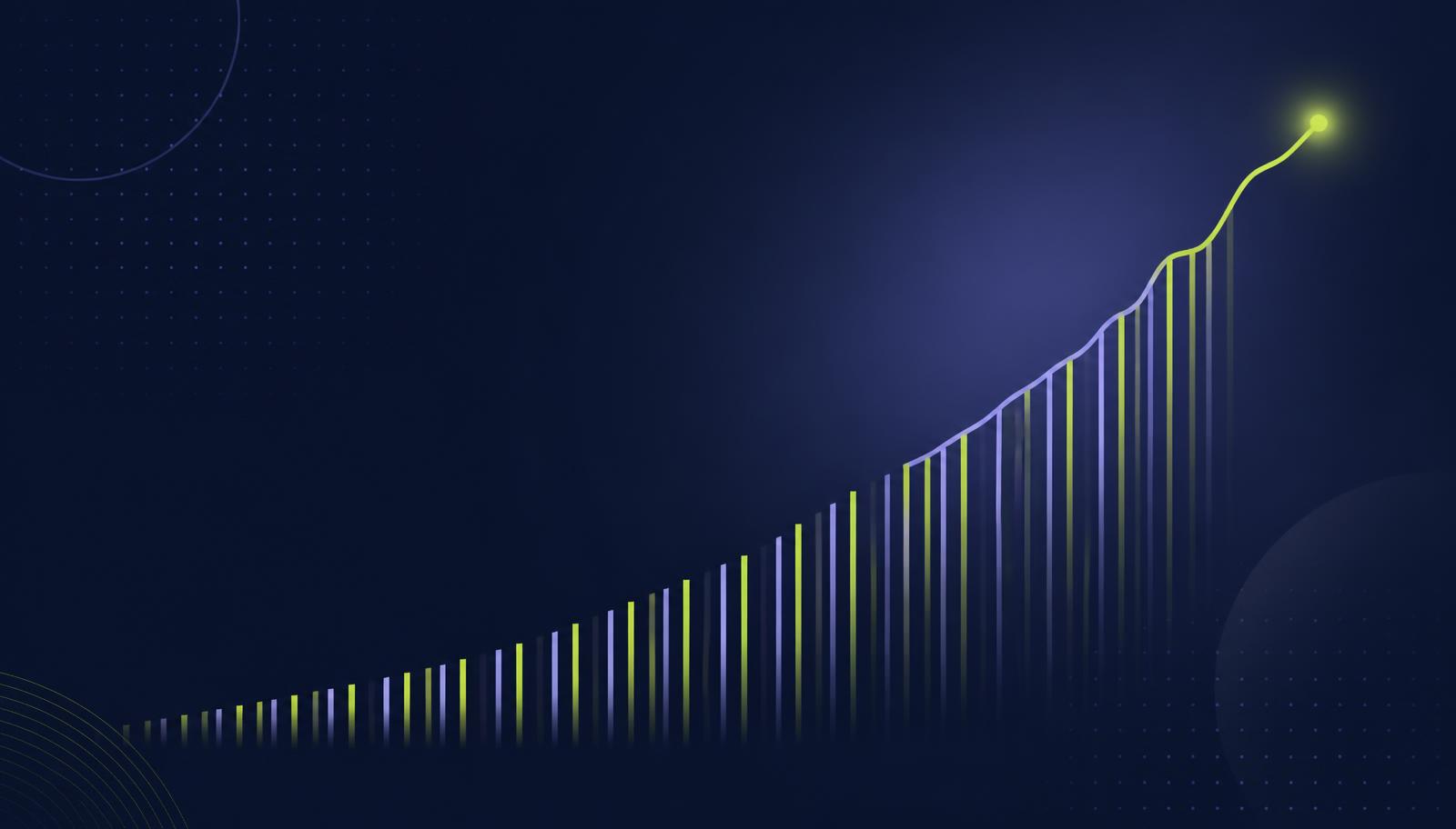 Abstract navy chart with rising lime and lavender bars representing consumer spending growth