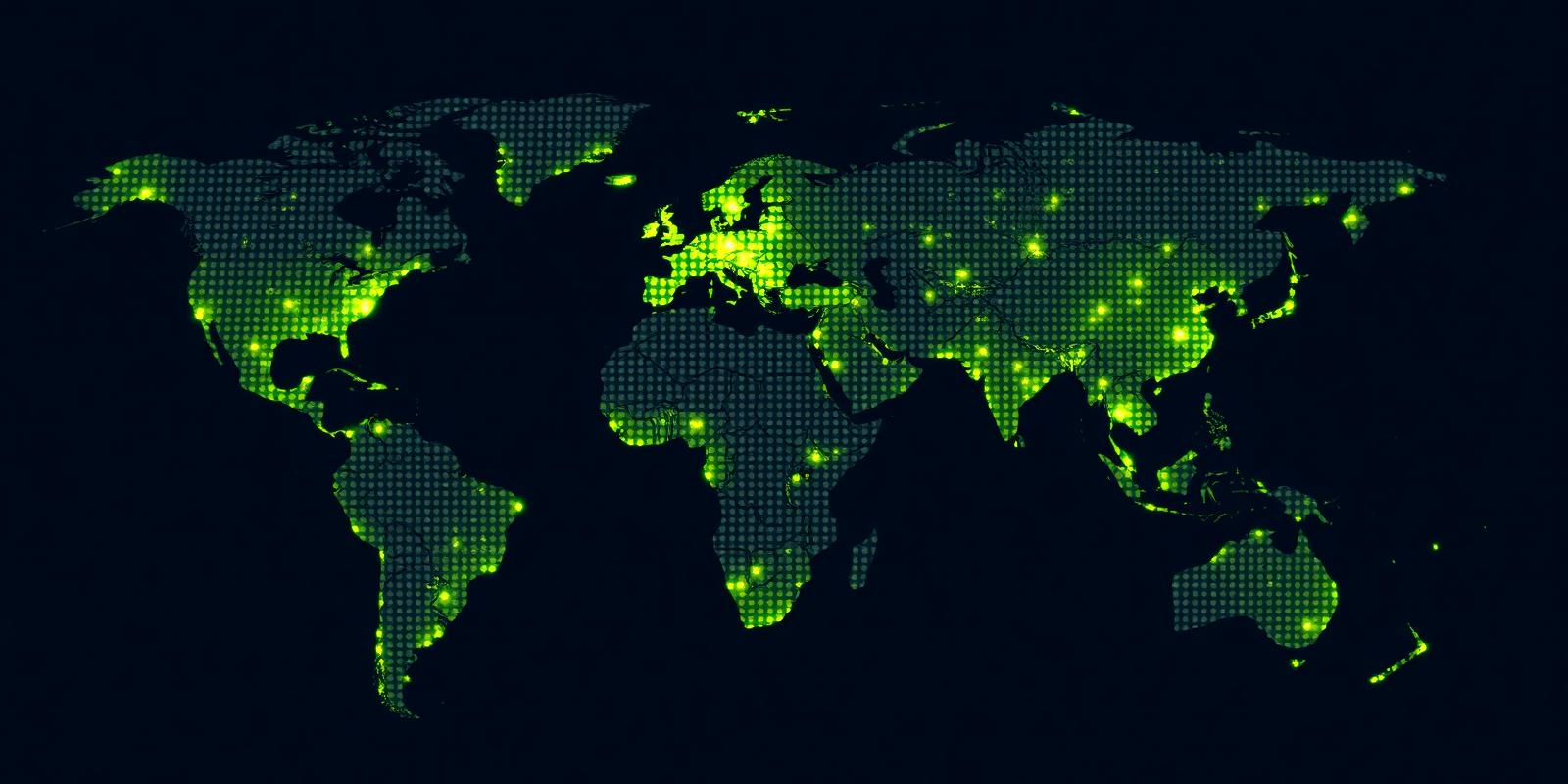 Dot-grid world map with glowing green nodes representing real-time development data