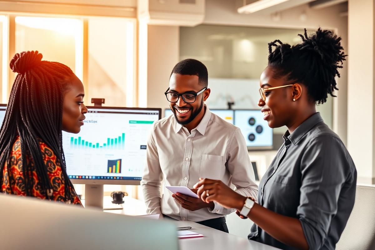 Young African data scientists reviewing employment dashboards together
