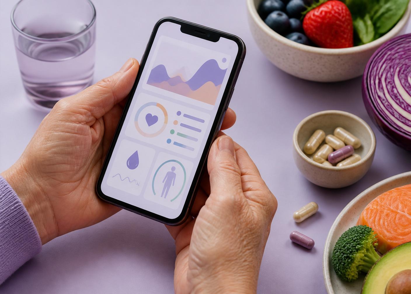 Hands of an older person holding a phone with a health dashboard beside supplements and fresh food