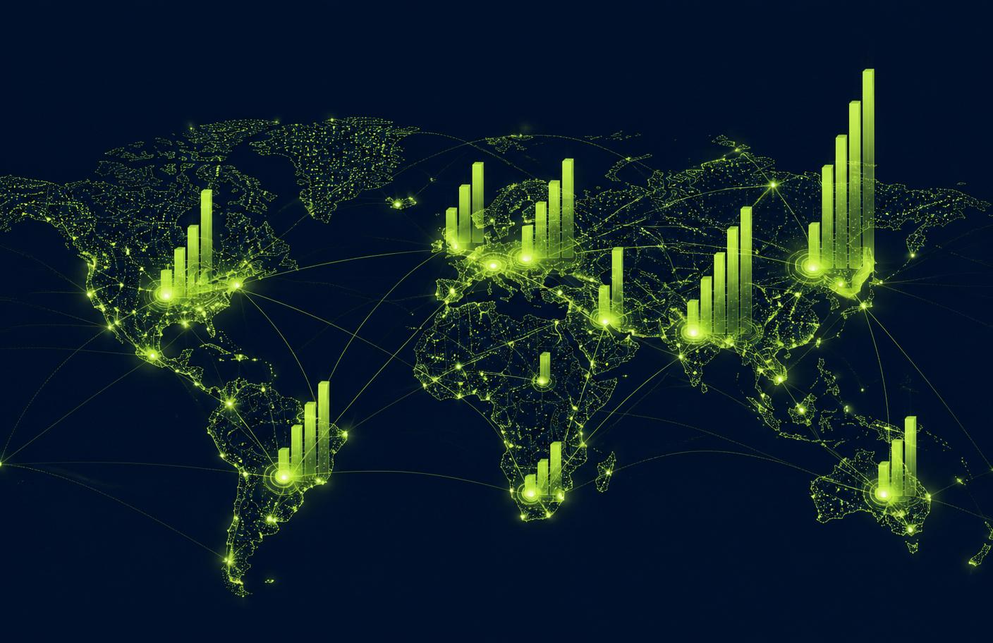 Glowing world map with city nodes and rising bars showing regional spending growth