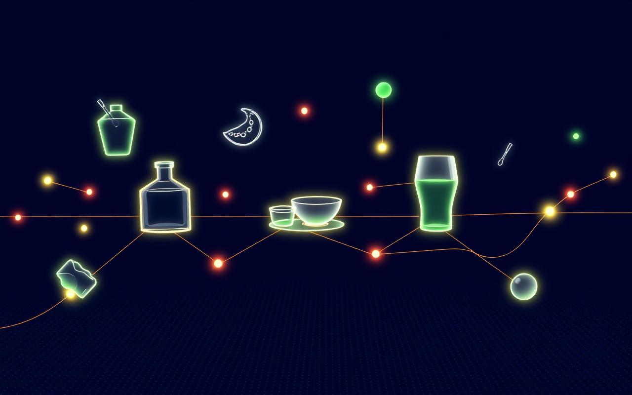 Beauty, food, health and drinks product forms connected by glowing data lines