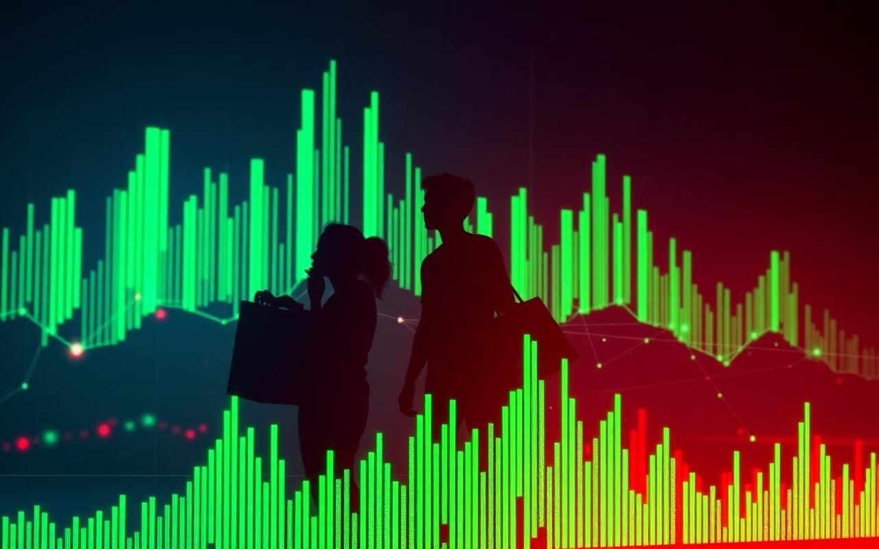 Gen Z shoppers silhouetted against green and red spending charts